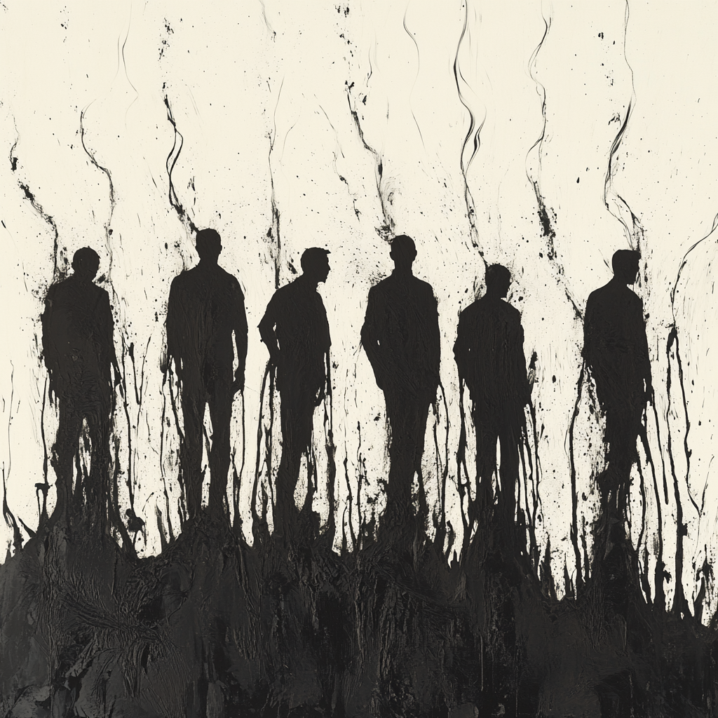 People on fire: abstract, symbolic, minimalist, dramatic silhouette art.