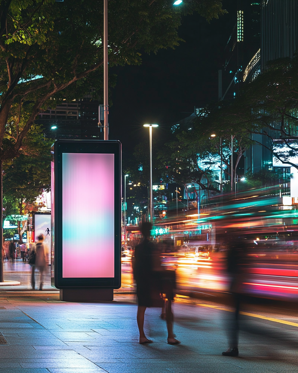 People rushing by digital totem at night in Singapore.