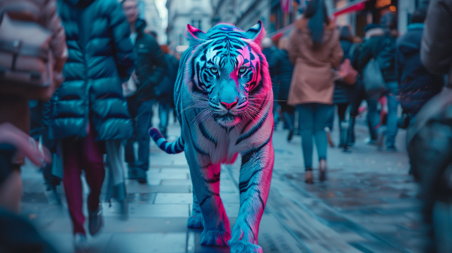 People shocked to see blue and pink tiger.