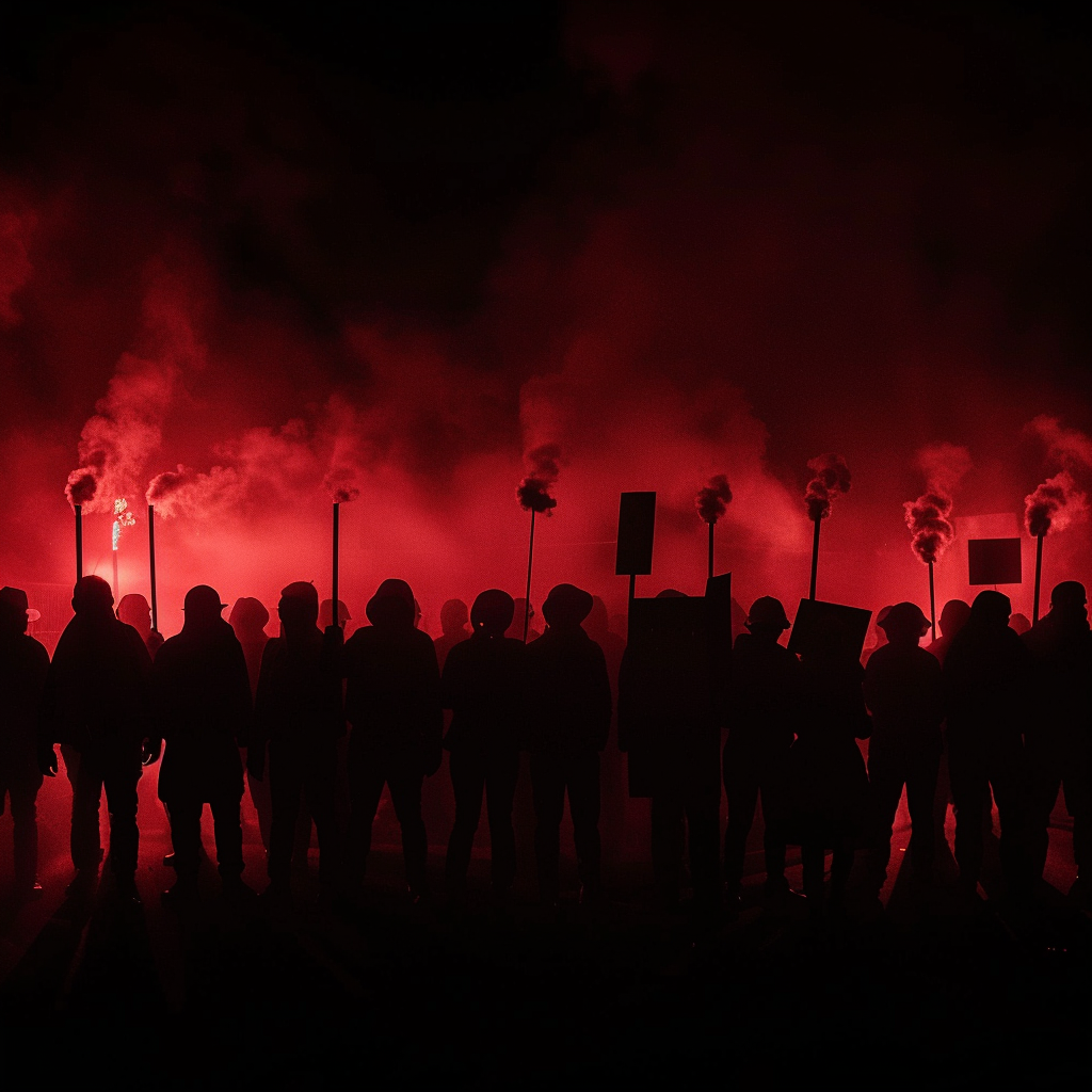 People standing together with signs and torches protesting