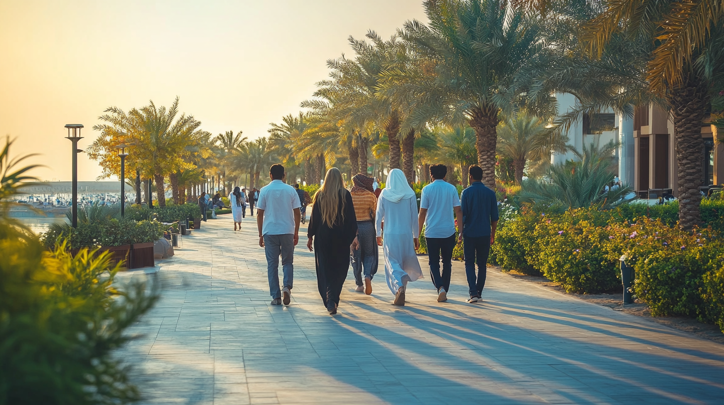 People walking in Abu Dhabi with traditional buildings.