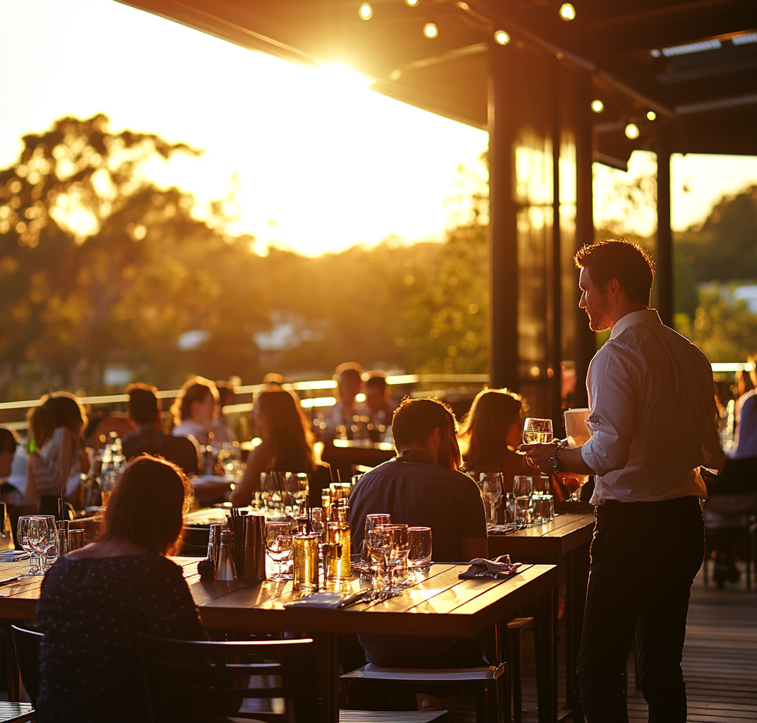 People watching sunset, dining outdoors, served by waiters.