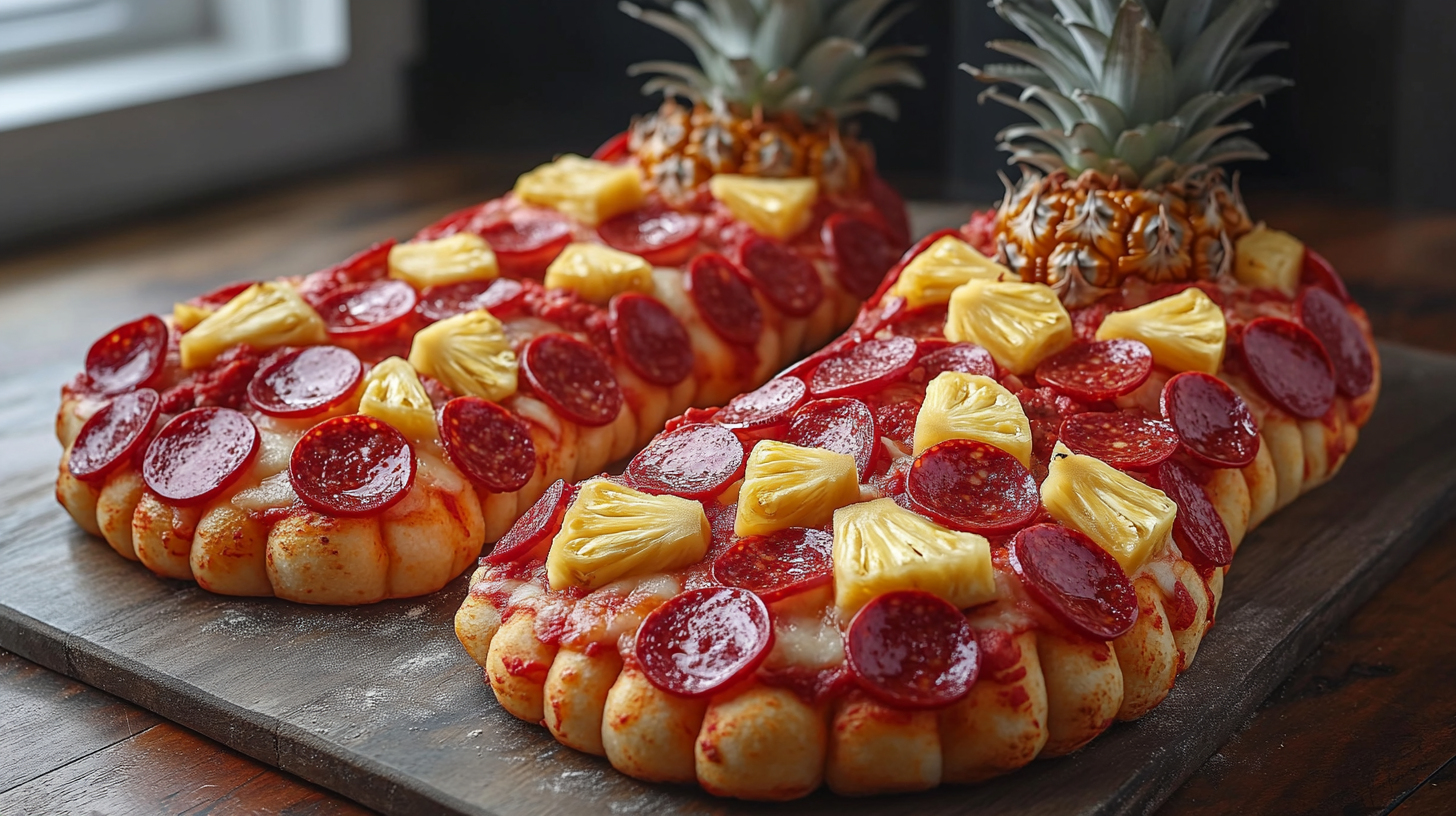 Pepperoni and ananas pizza shaped as two feet.