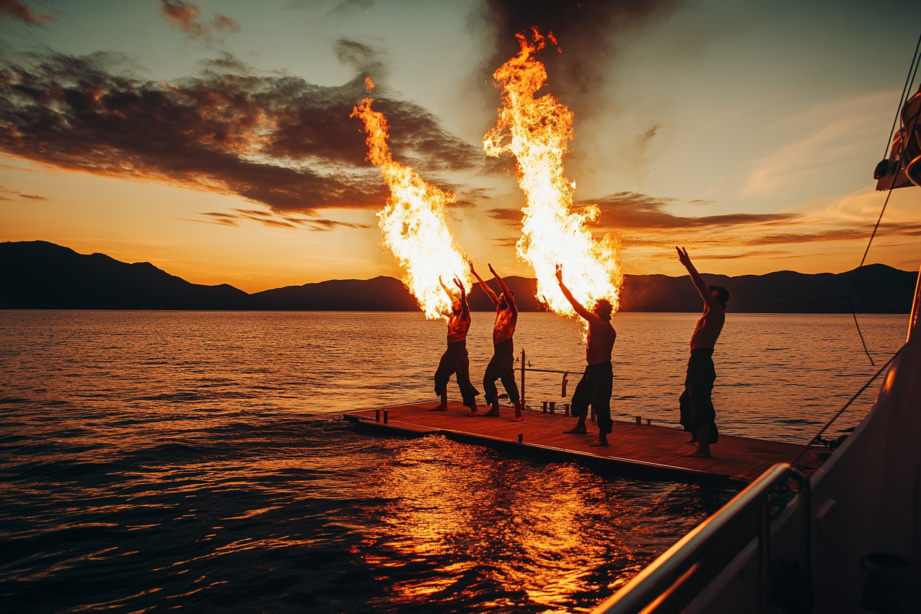 Performers spinning fire on luxury yacht at golden hour.