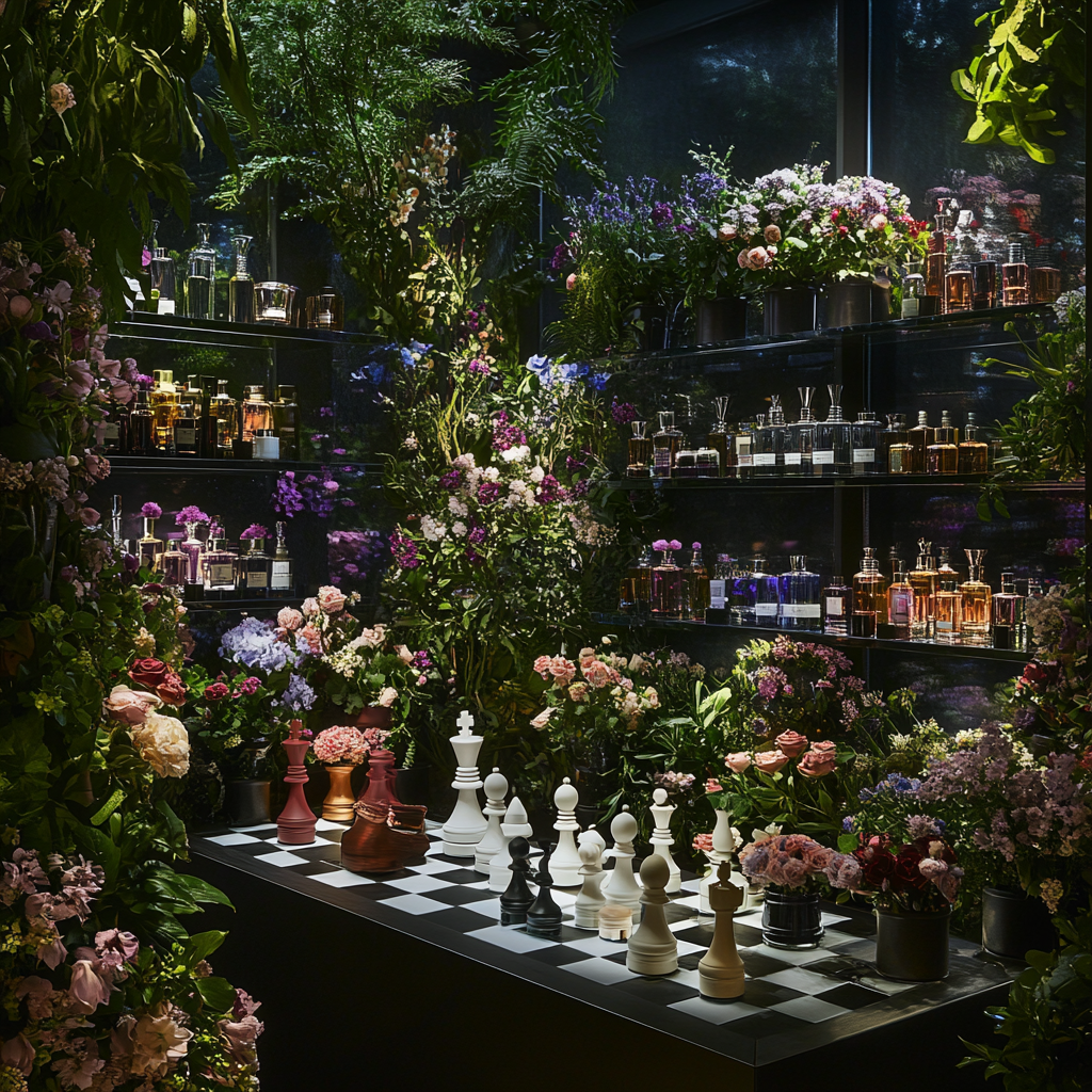 Perfume brand event with chess pieces, flowers, plants, and perfumes