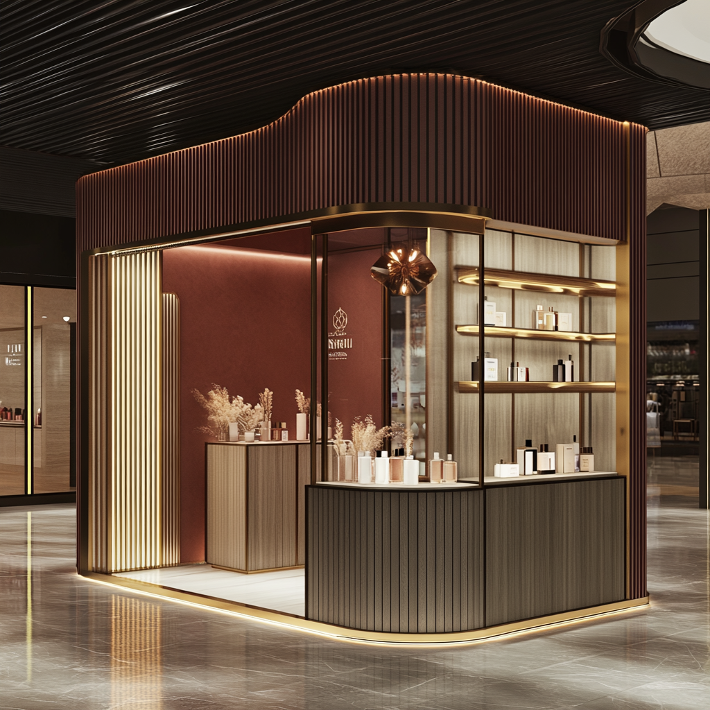 Perfume brand kiosk in shopping mall, chic and functional.