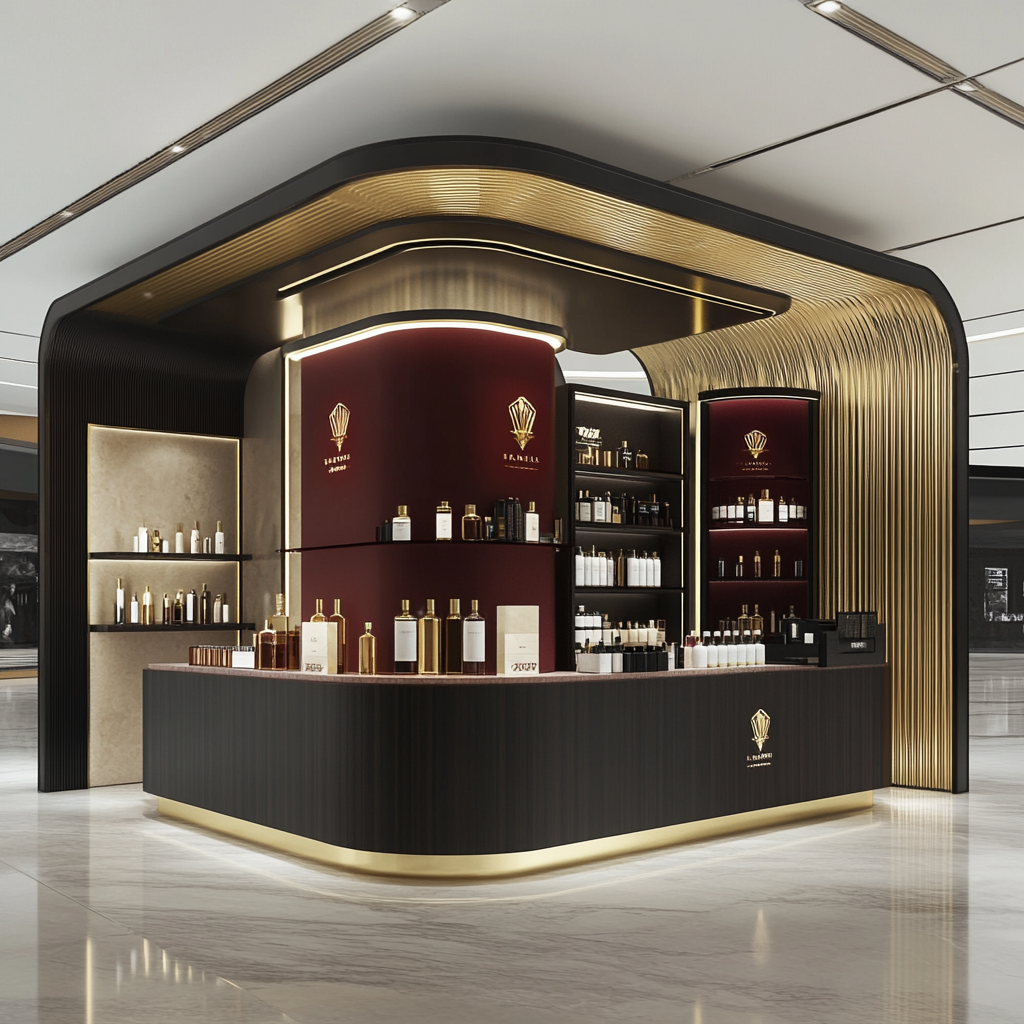 Perfume brand kiosk in shopping mall with chic design.