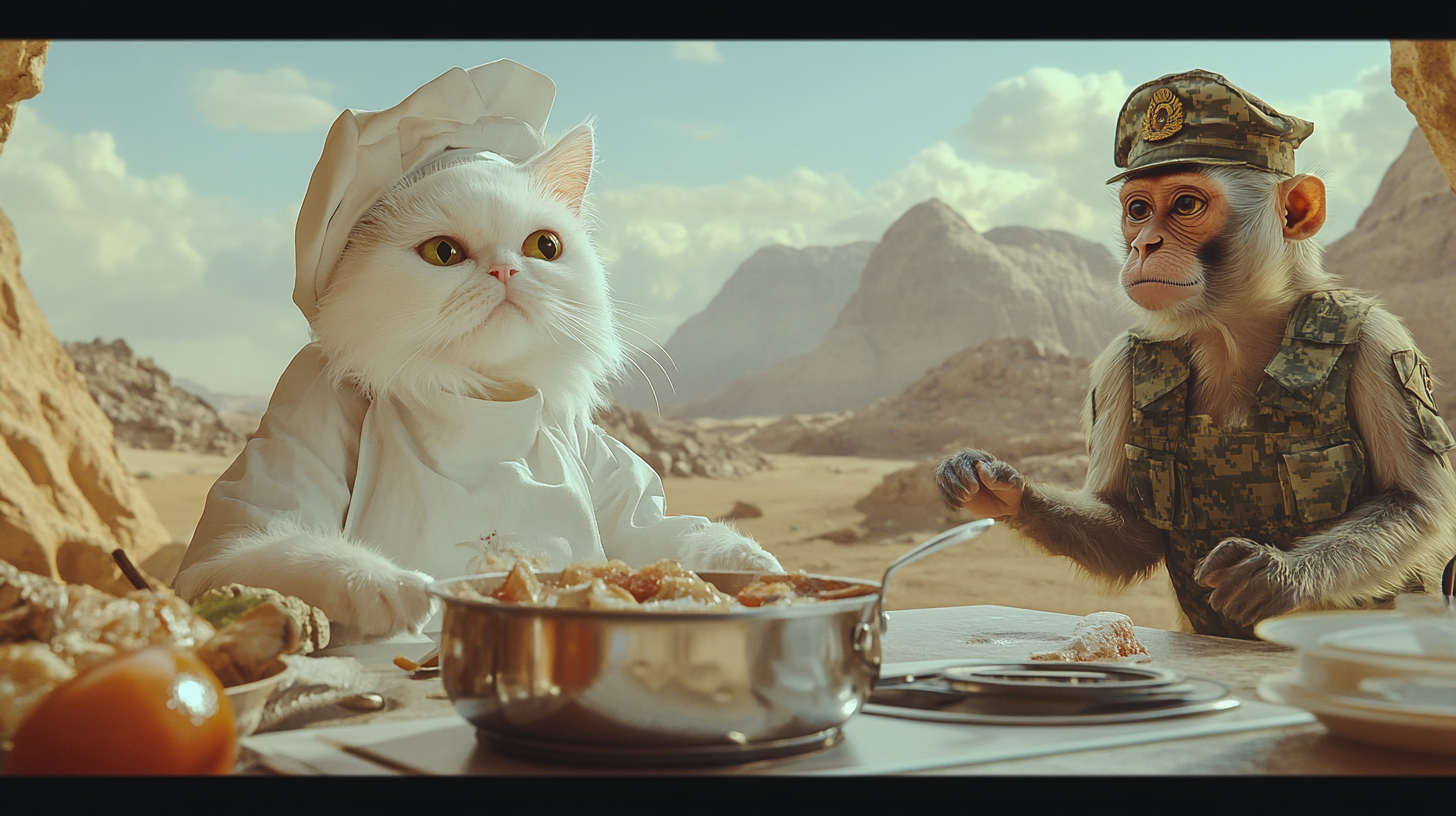 Persian cat cooks on Mars with monkey in uniform.