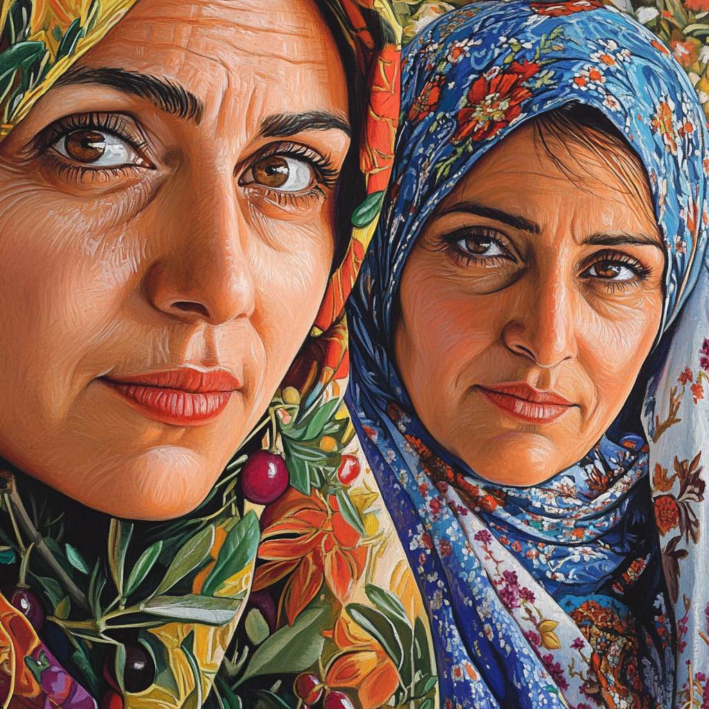 Persian women picking olives with colorful headscarves proudly.