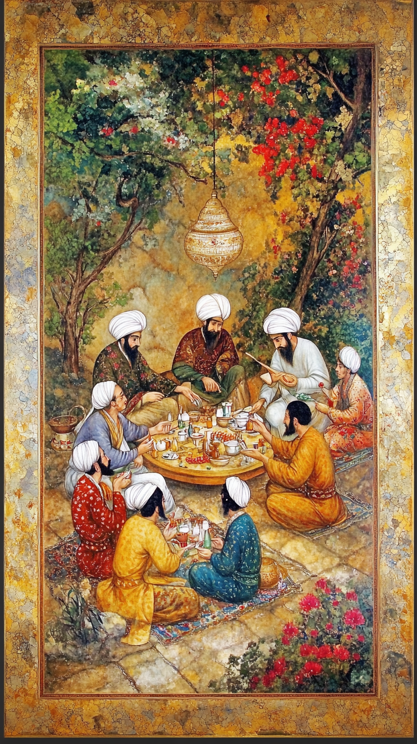 Persians creating health remedies in beautiful ancient environment.