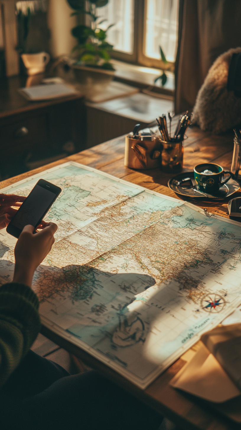 Person Planning European Adventure with Smartphone at Table