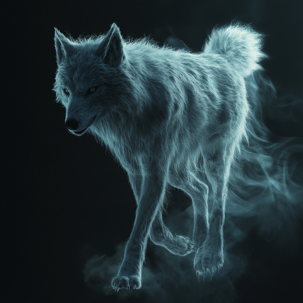 Person as ultra-realistic wolf walking through black, silver, blue 4k