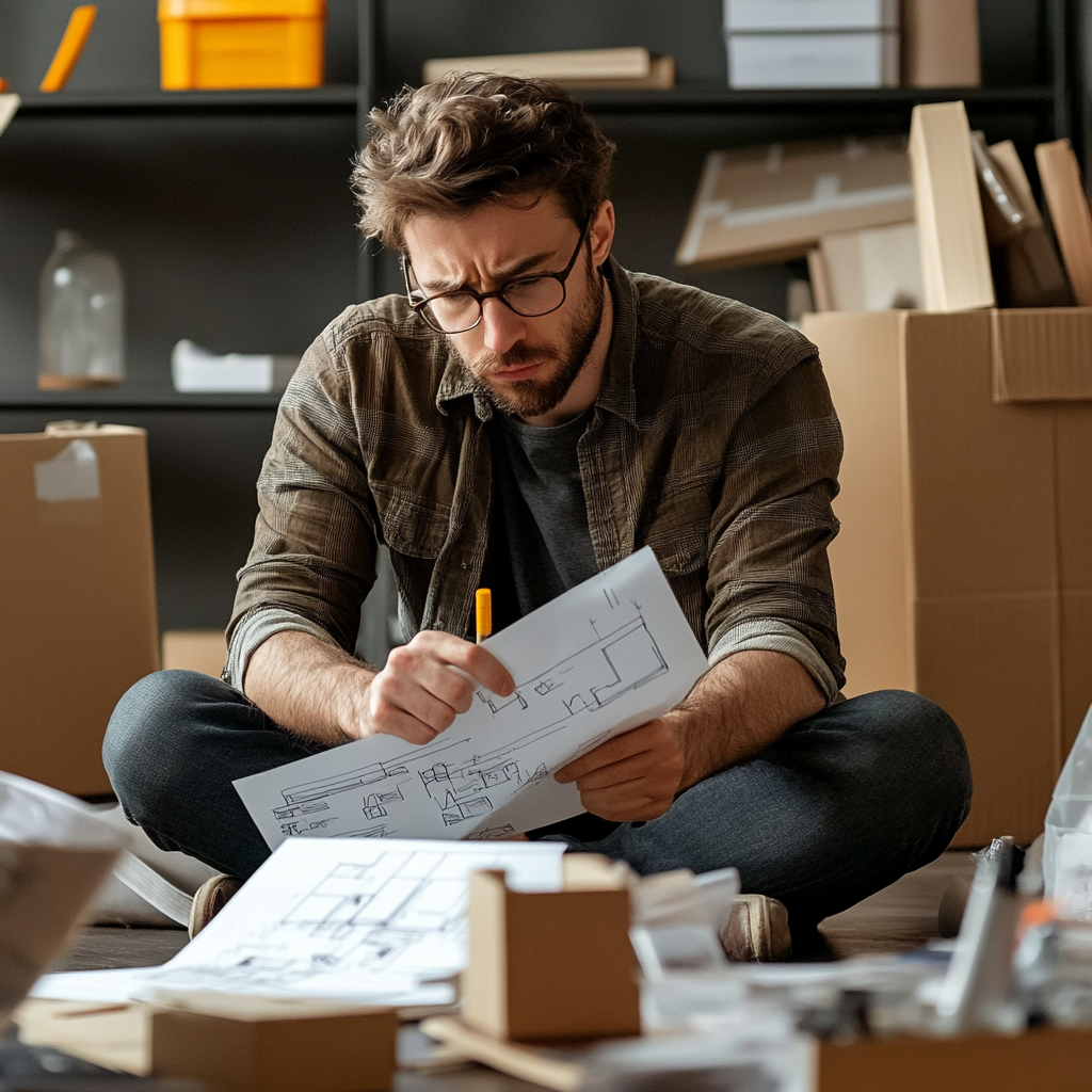 Person assembling IKEA shelf at home confused