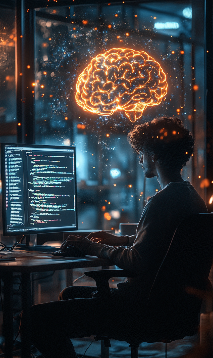 Person at desk with glowing brain, computer work