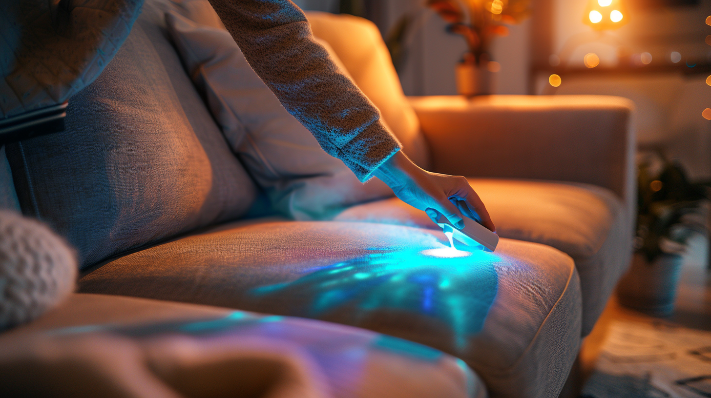 Person cleaning sofa with blue light in room