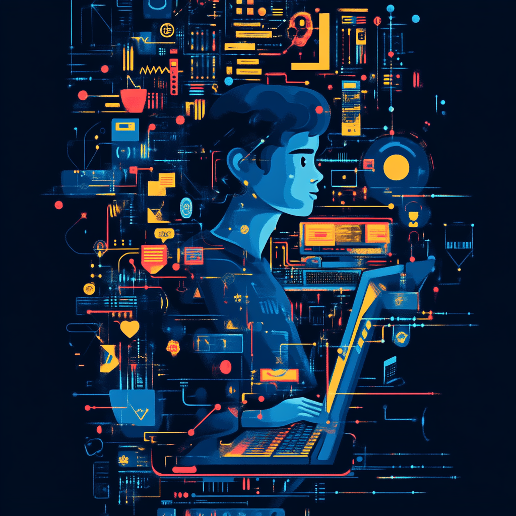 Person coding on computer with challenge icons, navy background.