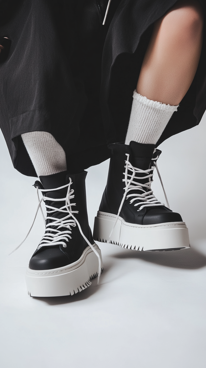 Person crouching in black high-top platform sneakers.