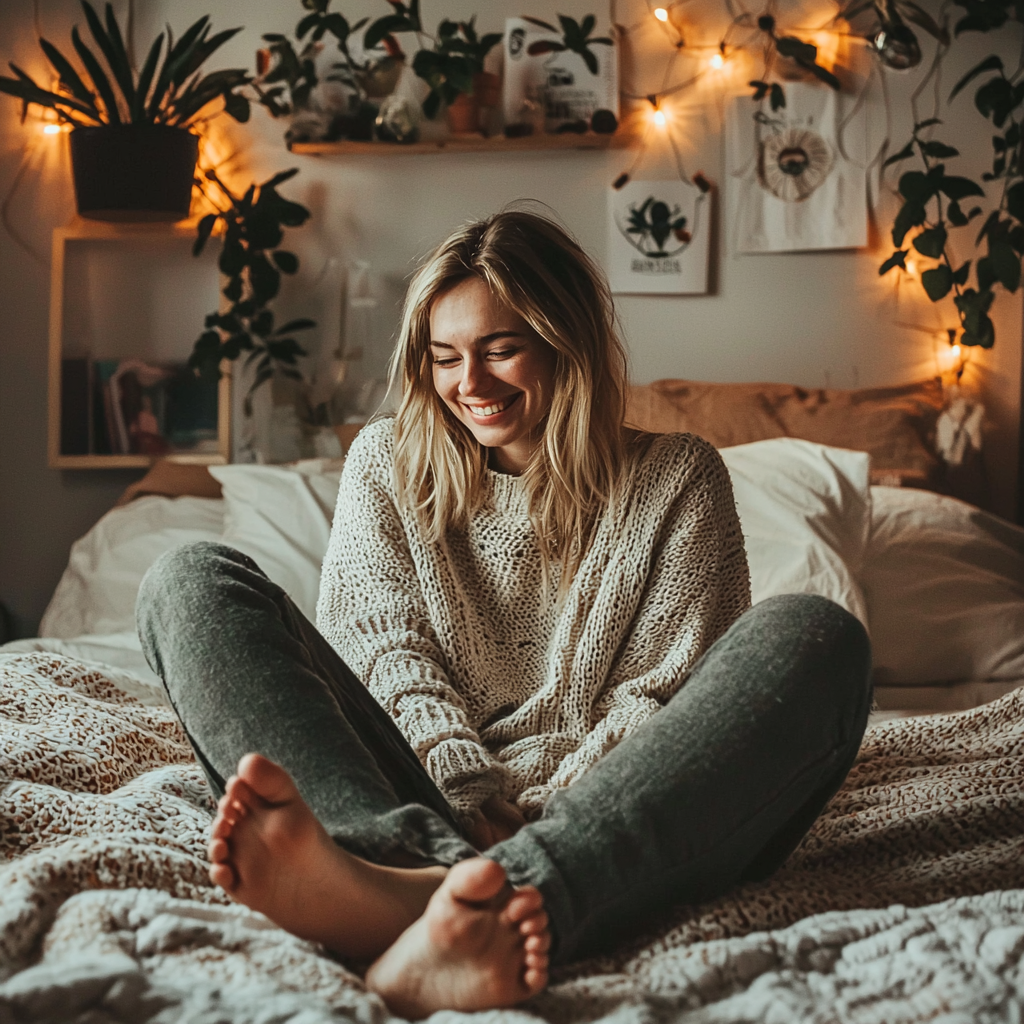 Person enjoys clean toenails in cozy bedroom, smiling.