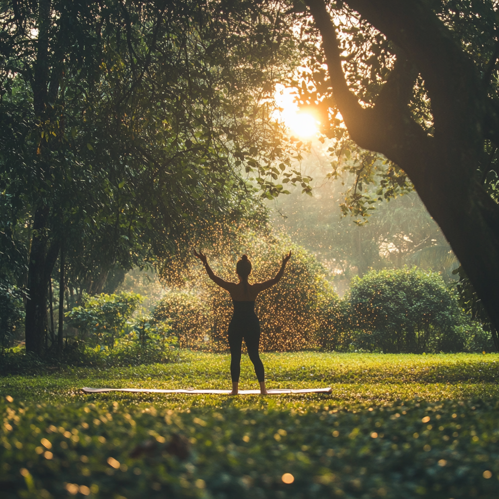 Person exercises in park, stress dissolves, mind-body benefits.