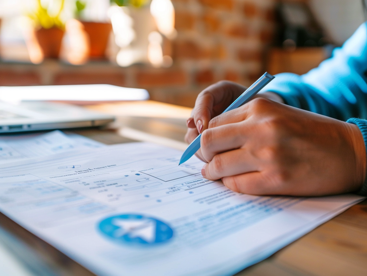 Person filling out survey with Telegram app logo.