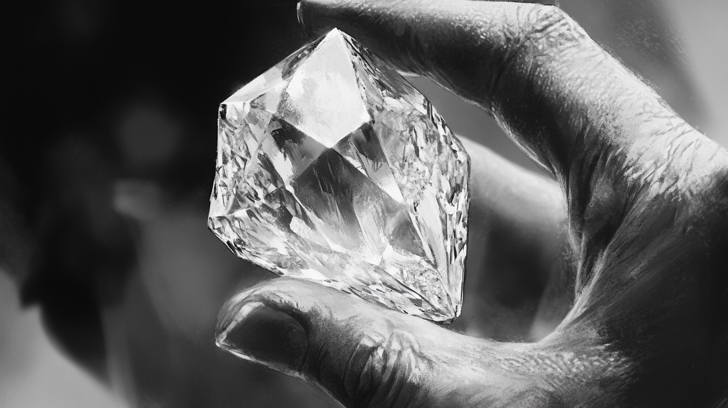 Person holding diamond close-up, storyboard style, black and white.