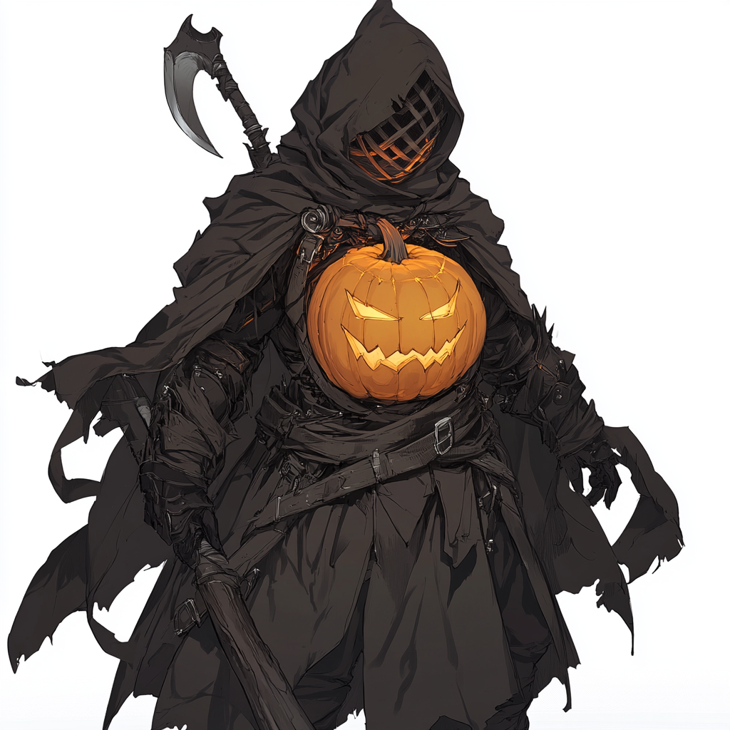 Person in Halloween pumpkin armor, scythe, Monster Hunter style.