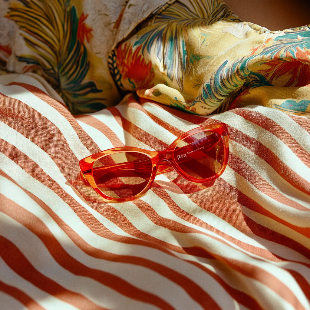 Person in Hawaiian shirt on beach blanket with sunglasses