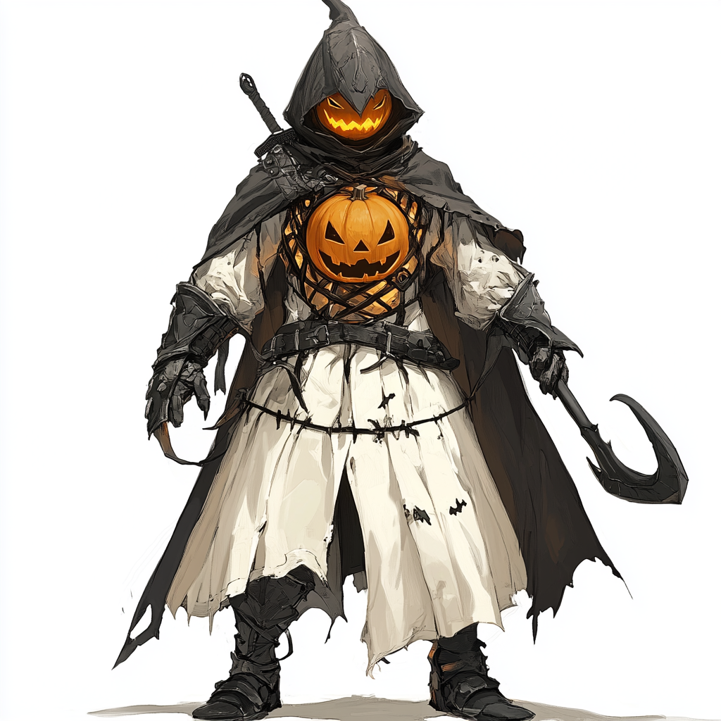 Person in Monster Hunter armor, smiling Halloween helmet.