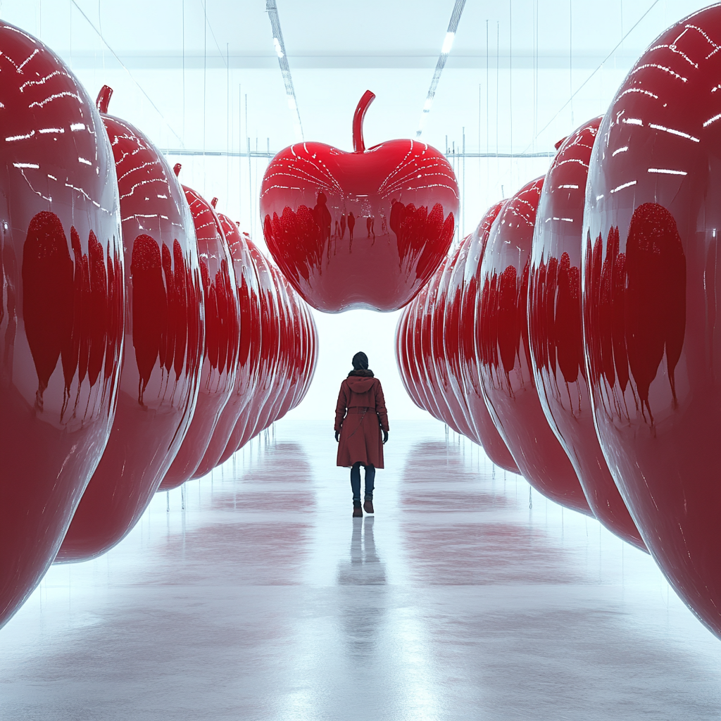 Person in Winter Coat Walks Through Shiny Apple-Arranged Room.