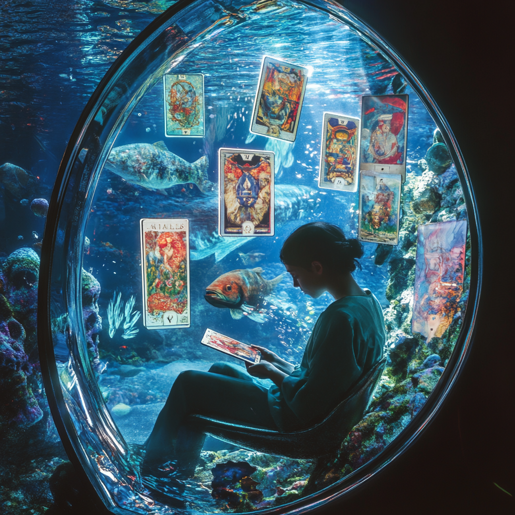 Person in aquarium with art tarot cards, fish swimming.