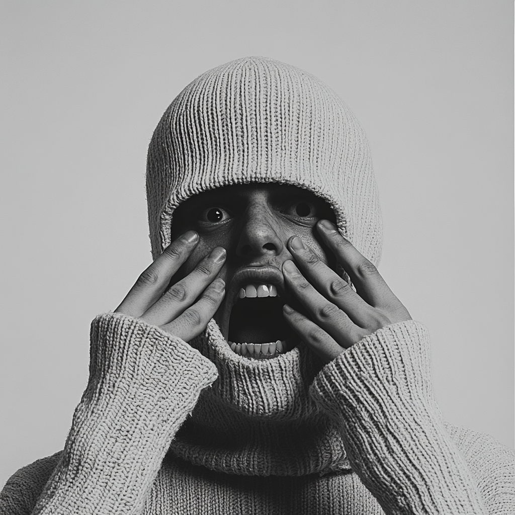 Person in balaclava stretching mouth open with fingers.