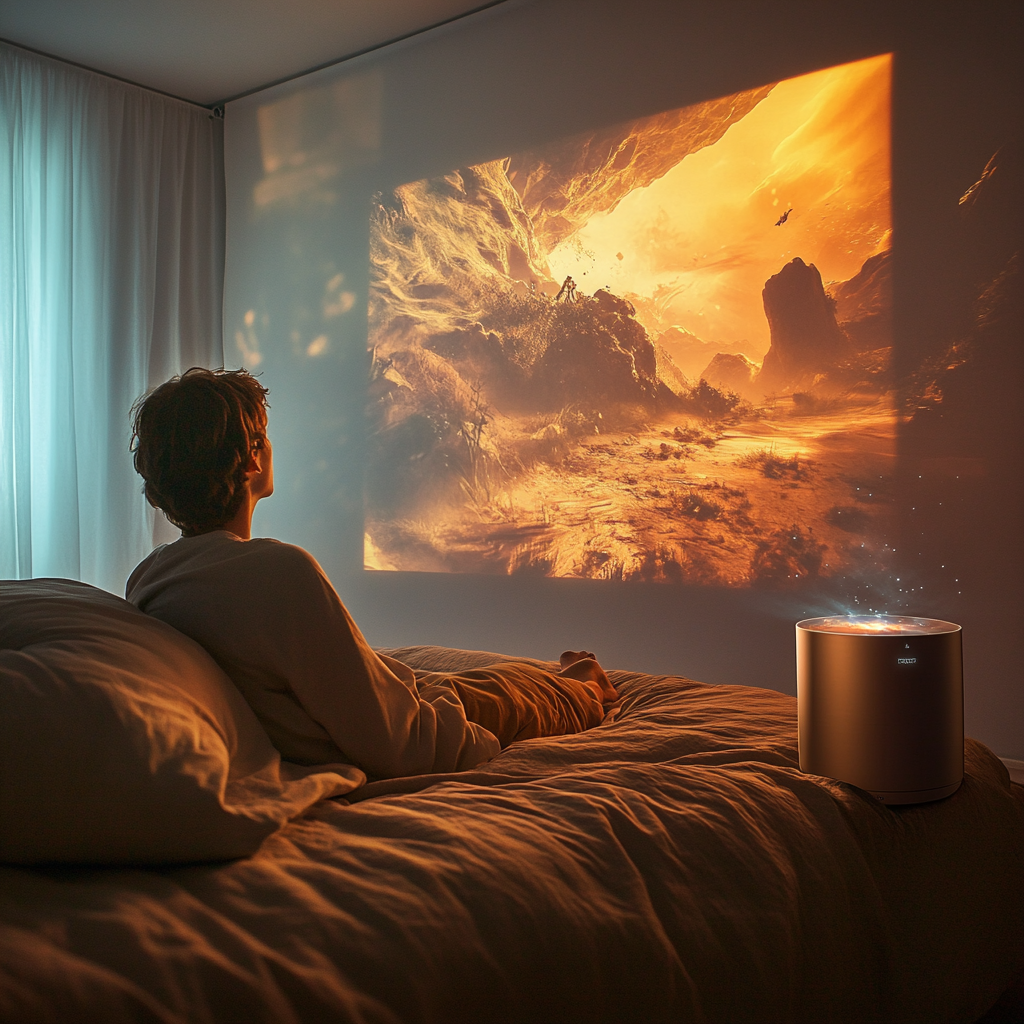 Person in bed watching projected movie on wall.