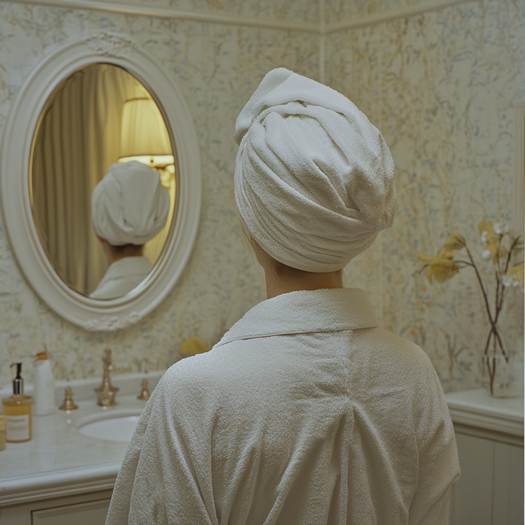 Person in dressing gown and towel looking in mirror.