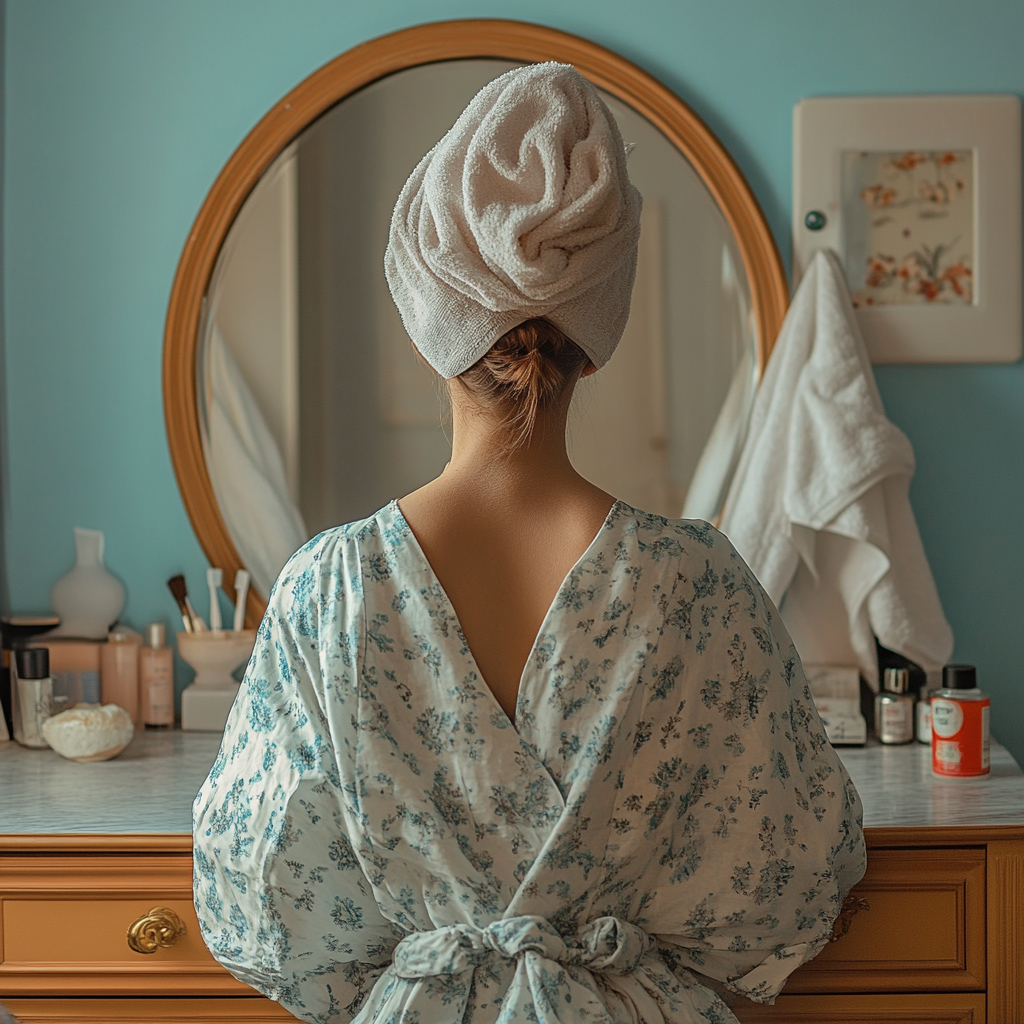 Person in dressing gown looks at self in mirror