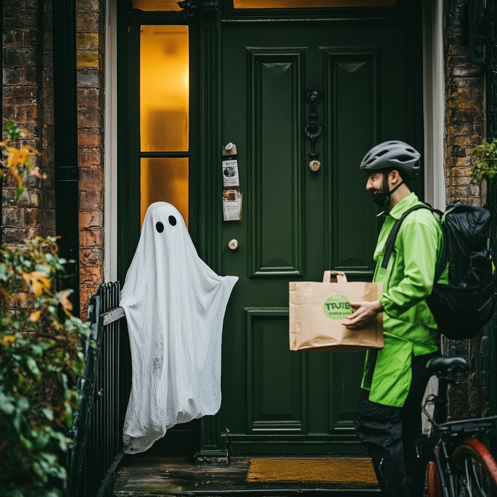 Person in ghost costume smiling at Uber Eats.