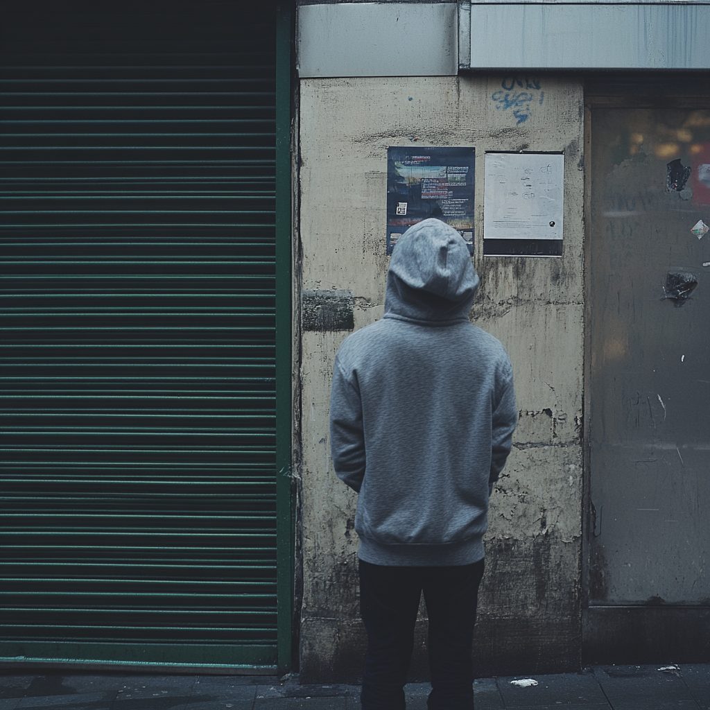 Person in grey hoodie stands in front of wall.