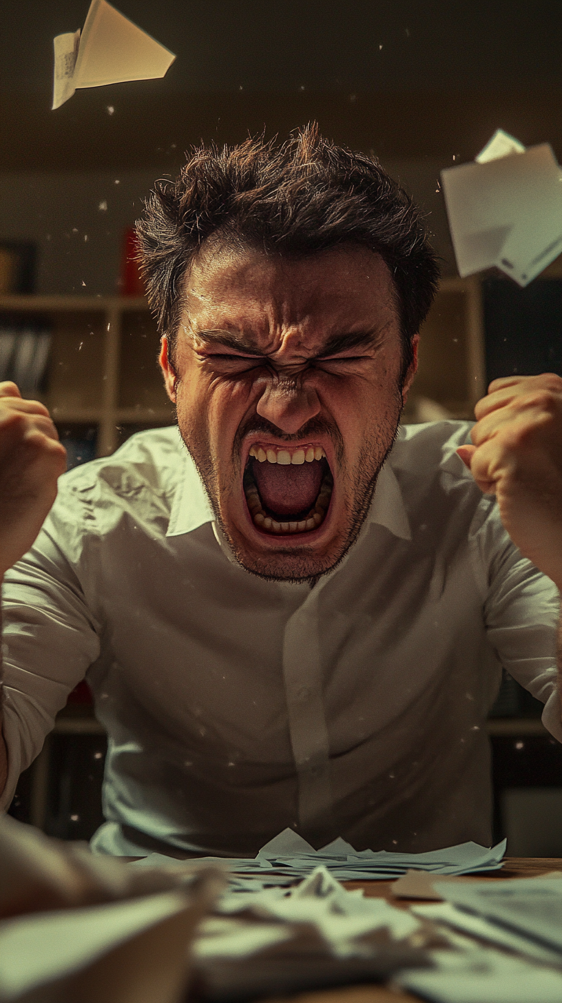 Person in heated argument, furious expression, yelling, cluttered room.