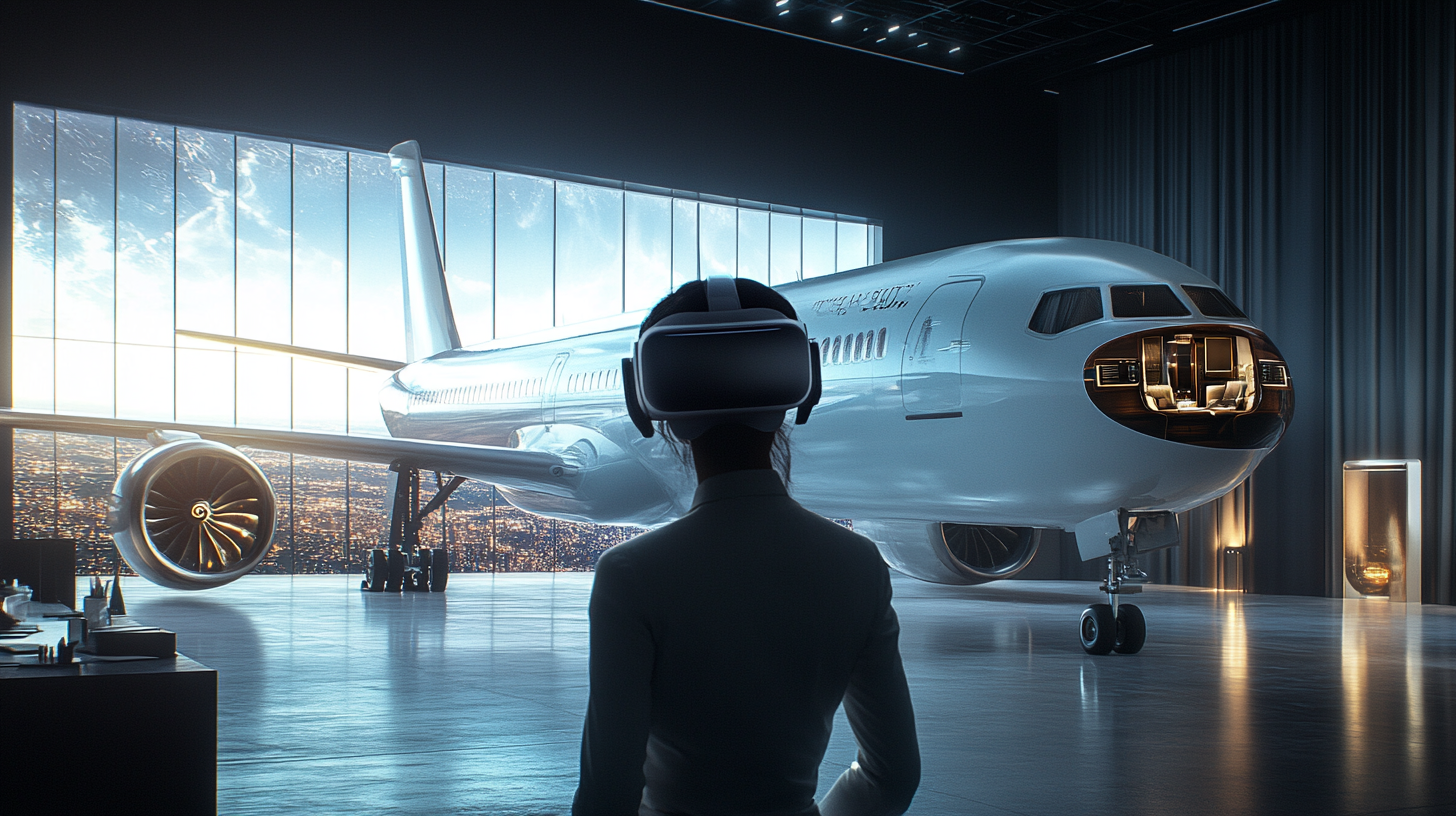 Person in office using VR Goggles, luxury aircraft inside.