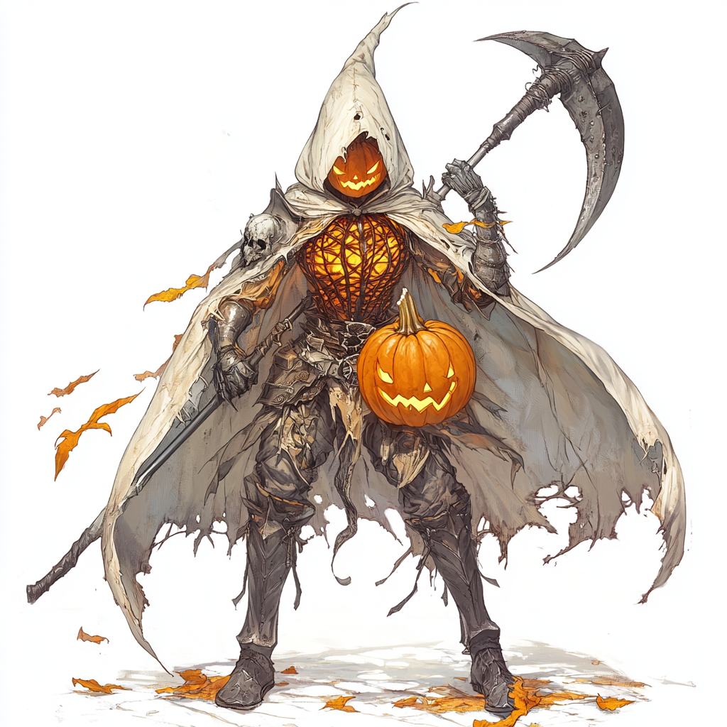 Person in pumpkin-like armor with scythe, Monster Hunter.