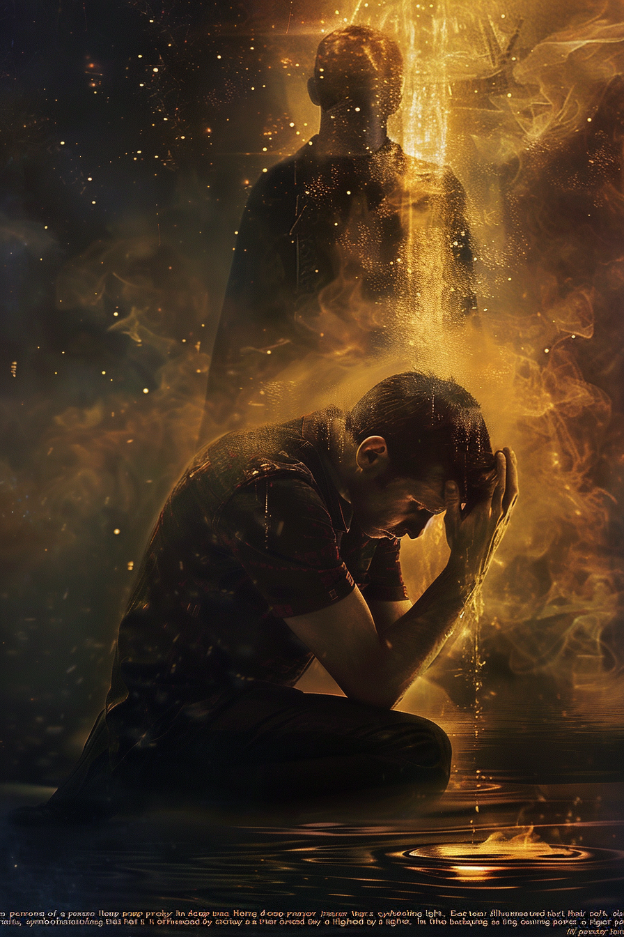 Person in tears praying with divine light and presence.