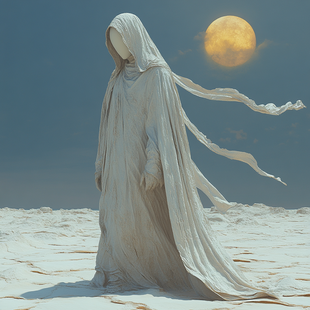 Person in white desert, flowing robe, music streams.