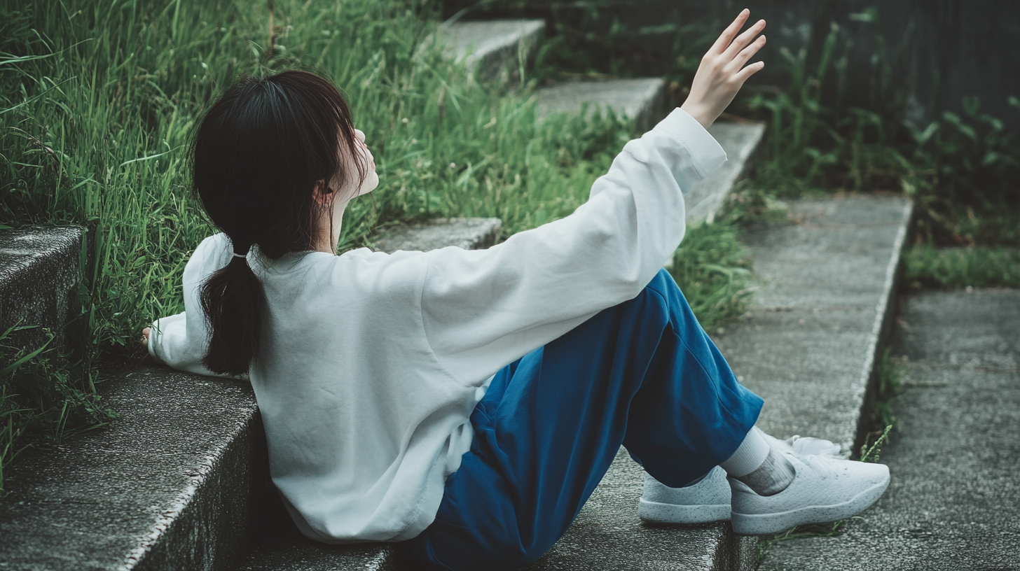 Person in white shirt and blue bottoms stretching outside.