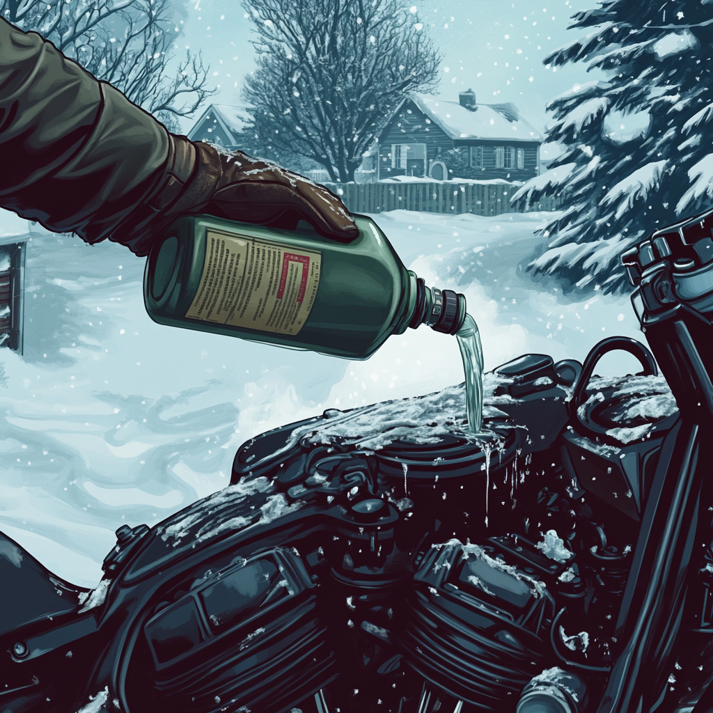 Person in winter gear adds antifreeze to motorcycle.