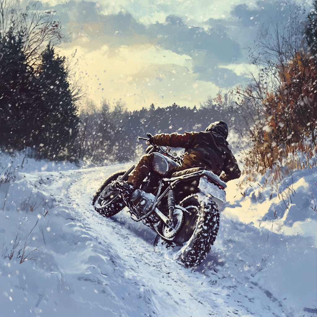 Person in winter gear freeing stuck motorcycle in snow.