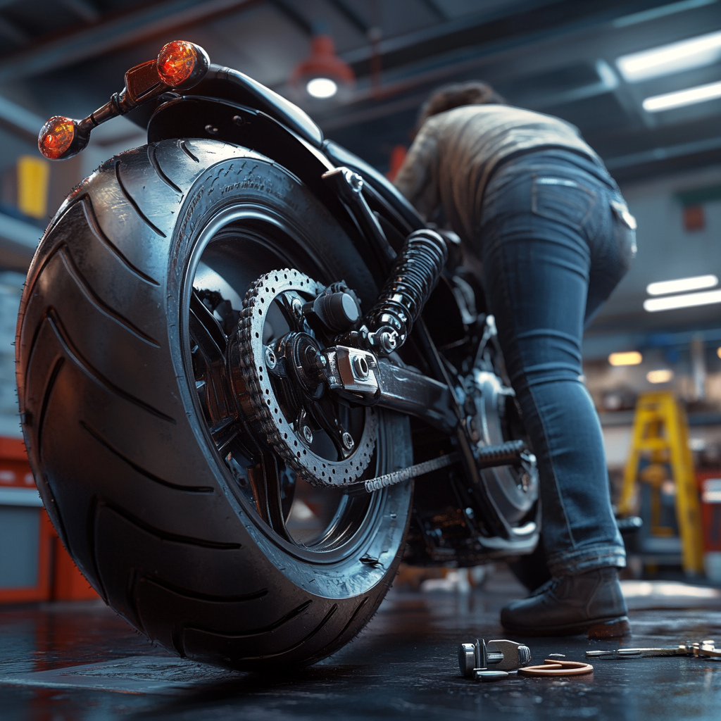 Person inspects motorcycle tires stored in garage carefully.