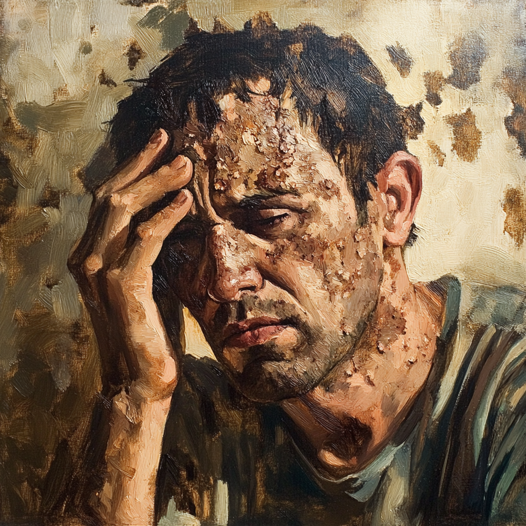 Person looking at eczema rashes in painting.