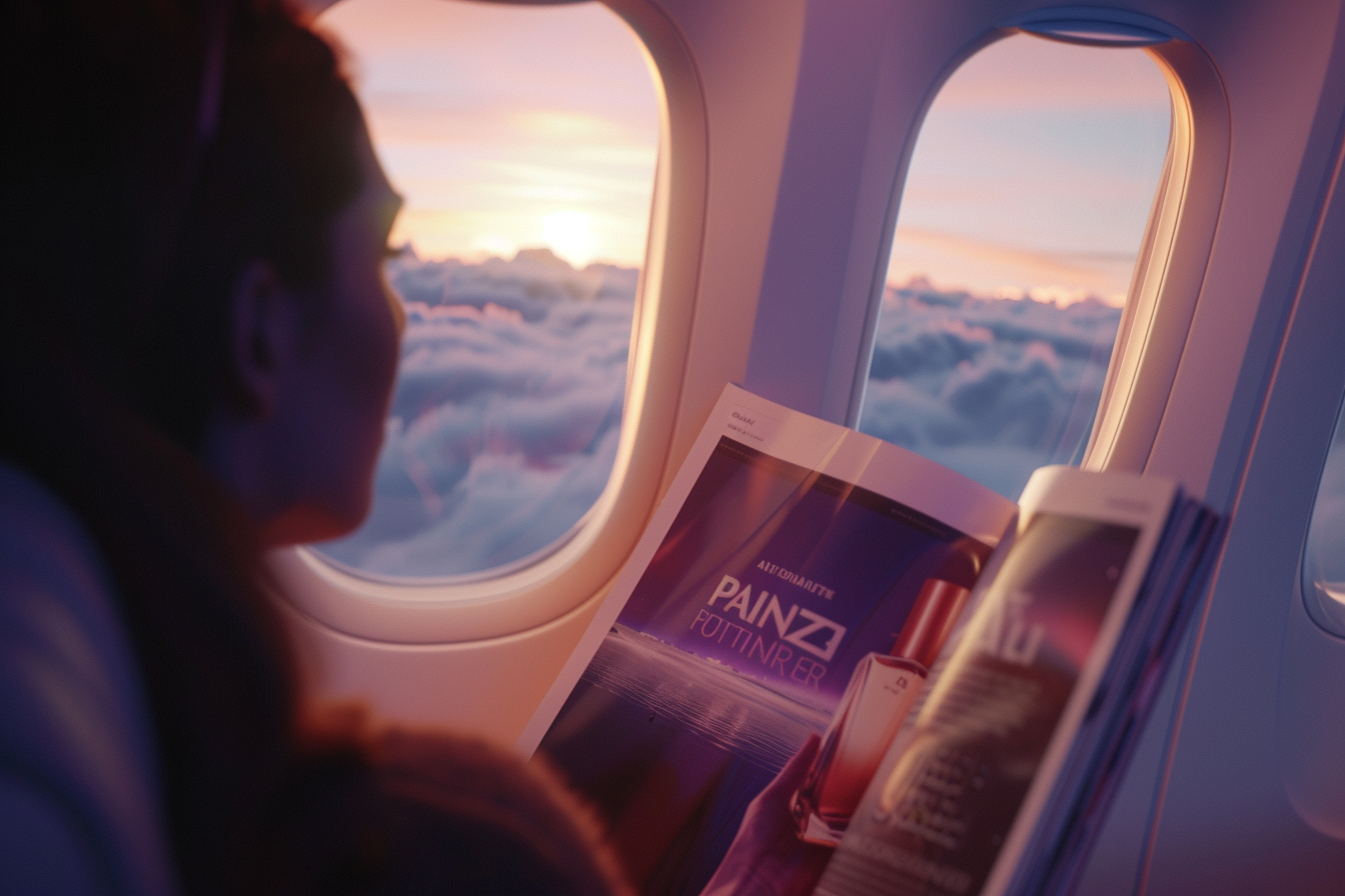 Person looks at perfume ads on magazine on plane