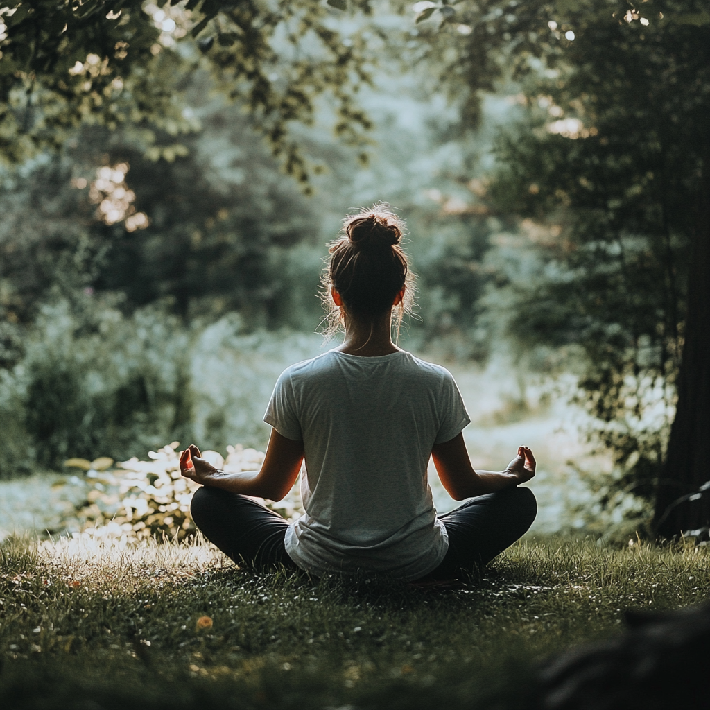 Person meditating in garden, surrounded by natural light.