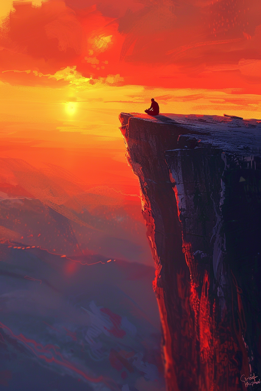 Person meditating on cliff at sunset, symbolizing inner peace.