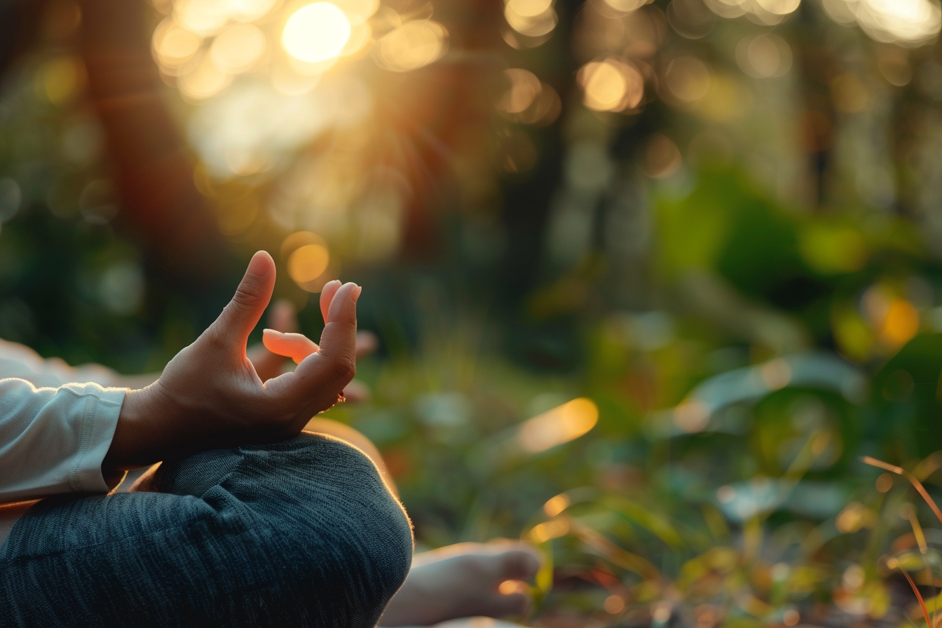 Person meditating or practicing yoga in peaceful nature setting.